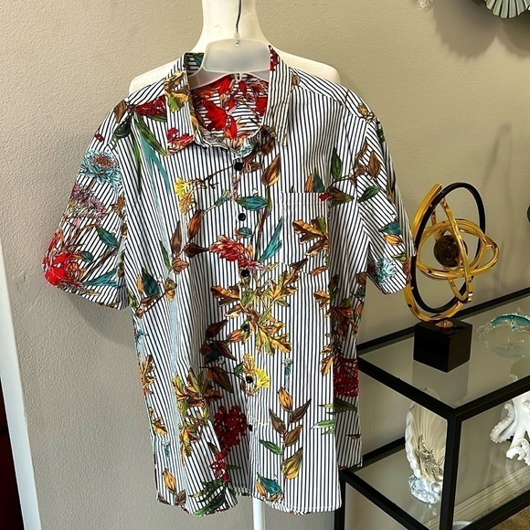 VatPave: Men’s Short Sleeve button down Shirt, stripes with tropical blooms Sz L - Picture 1 of 11